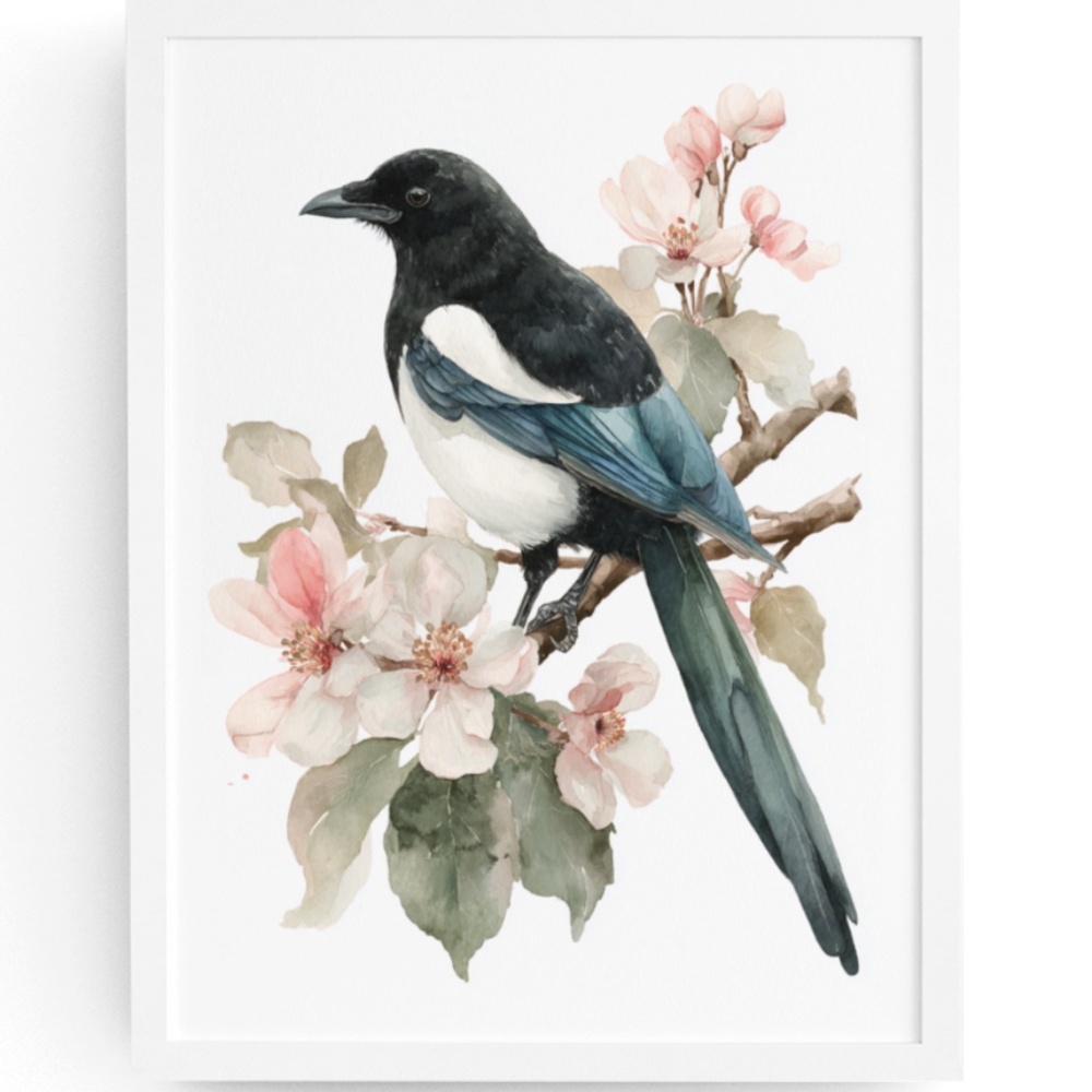 Watercolor Magpie Bird Wall Art Print, Unframed - Elegant Nature-Inspired Decor